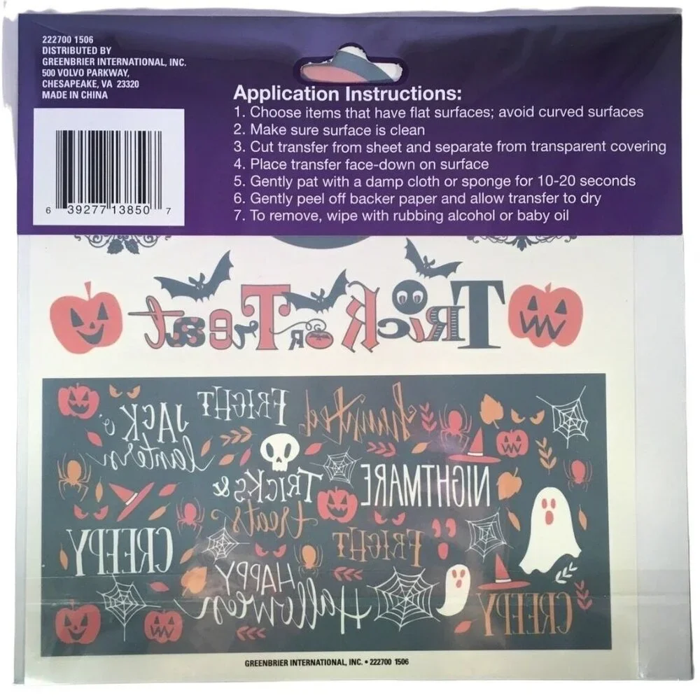 Halloween Transfers Sheet 5 Designs Trick Or Treat Pumpkins Apply Water Craft